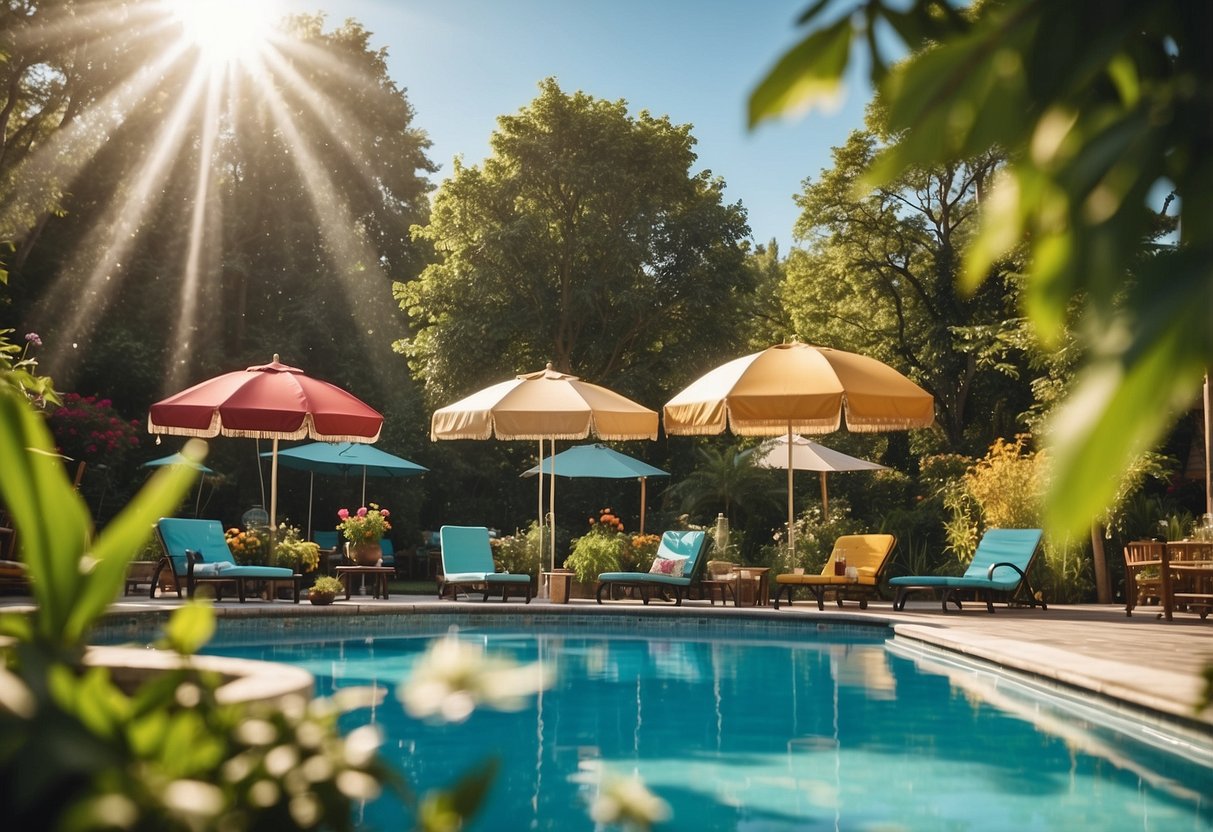 Un campeggio soleggiato con una scintillante piscina circondata da lussureggiante vegetazione e ombrelloni colorati. Il cielo azzurro limpido e il caldo sole creano l'ambientazione perfetta per una rilassante vacanza estiva.