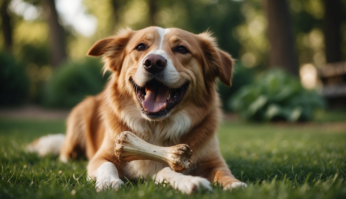 A happy dog chews on a large bone in a lush green backyard