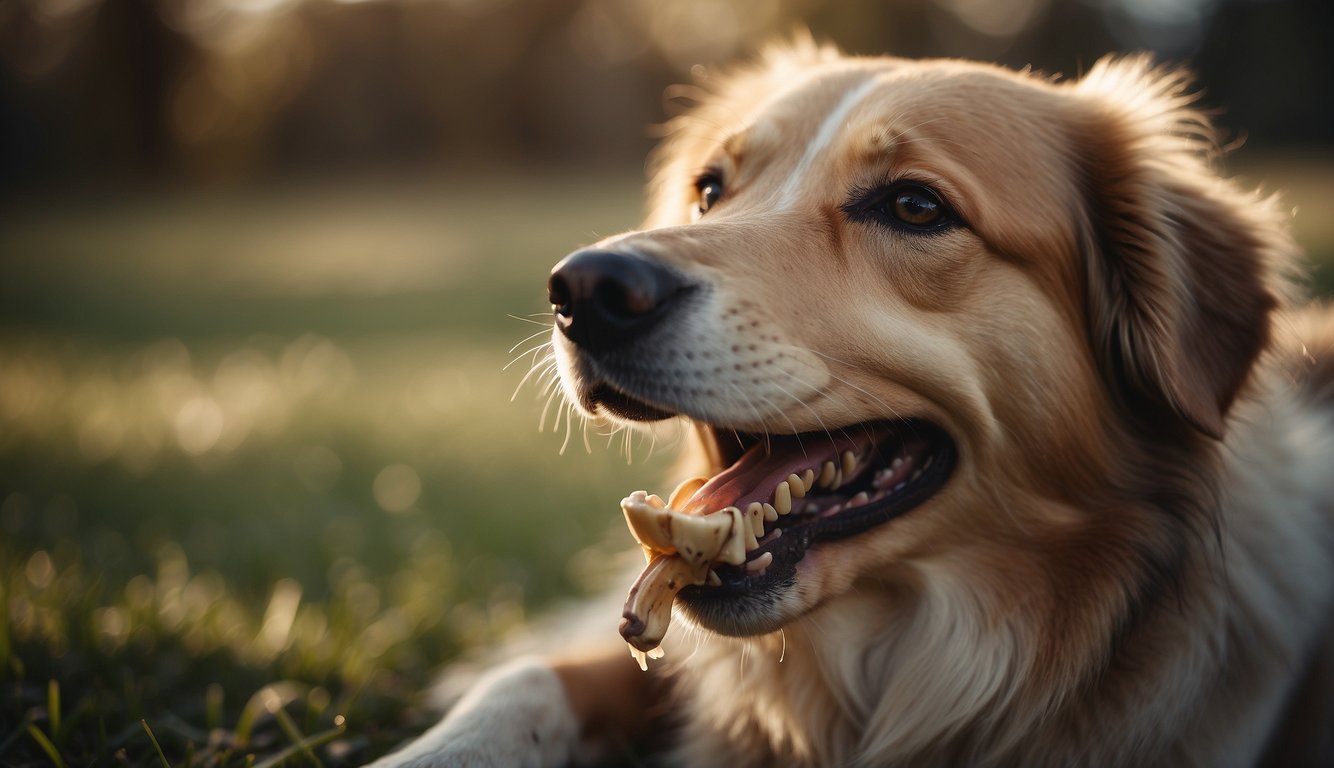 A happy dog chewing on a bone, tail wagging, with a content expression