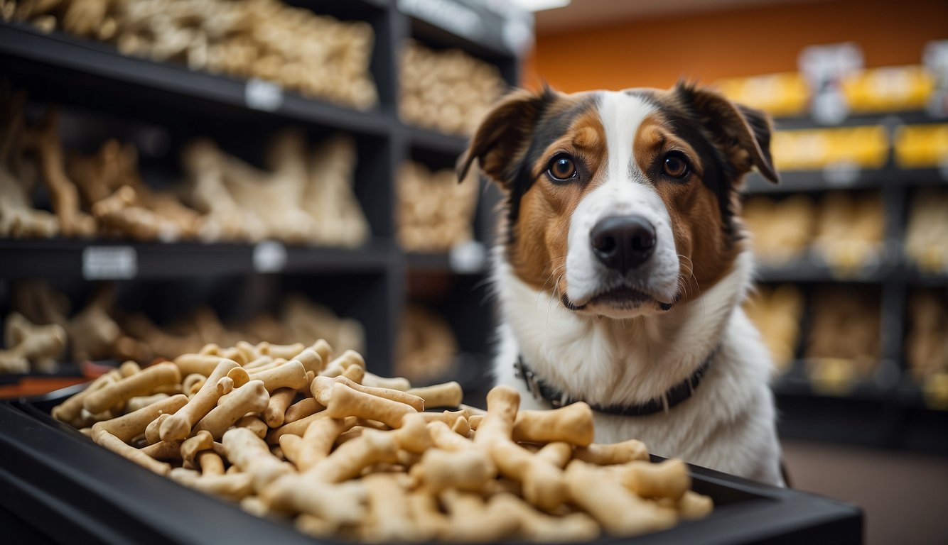 A dog carefully choosing from a variety of chew bones displayed on a shelf in a pet store