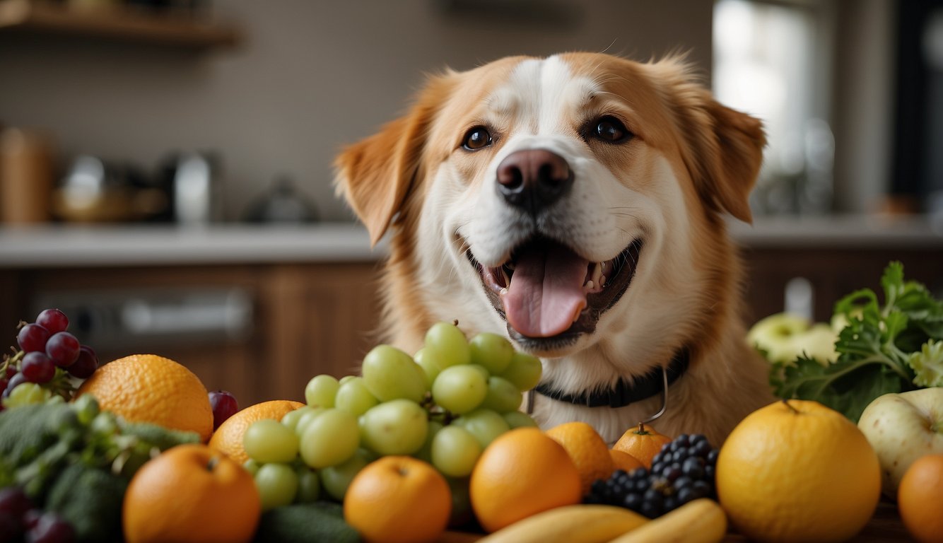 A happy dog chews on a large bone, surrounded by healthy fruits and vegetables