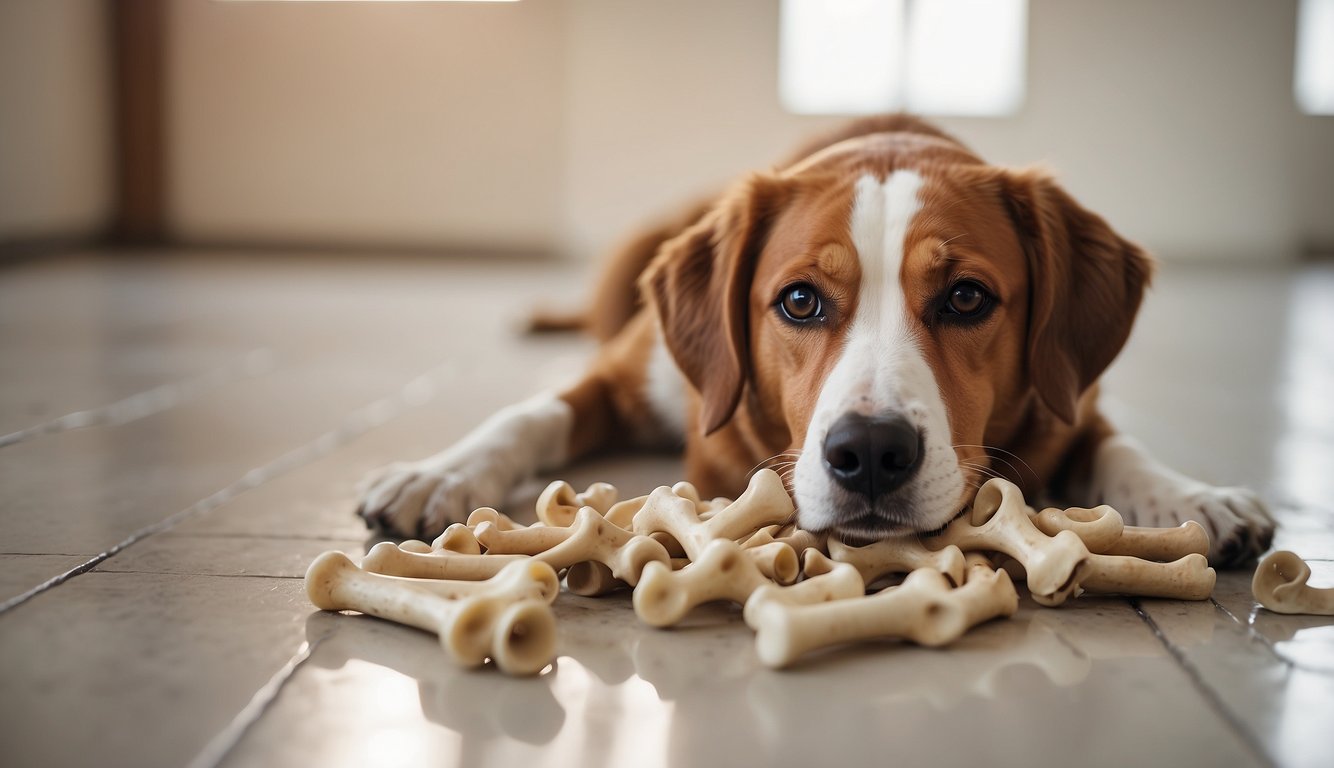 A variety of dog chew bones scattered on a clean, tiled floor next to a dog bed and water bowl