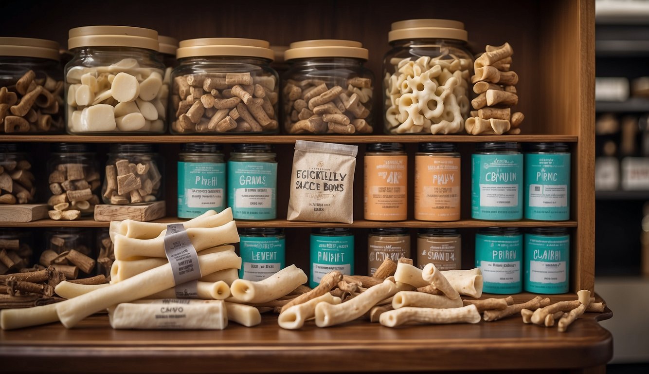 A variety of dog chew bones displayed on a shelf with a sign reading "Frequently Asked Questions: best dog chew bones"