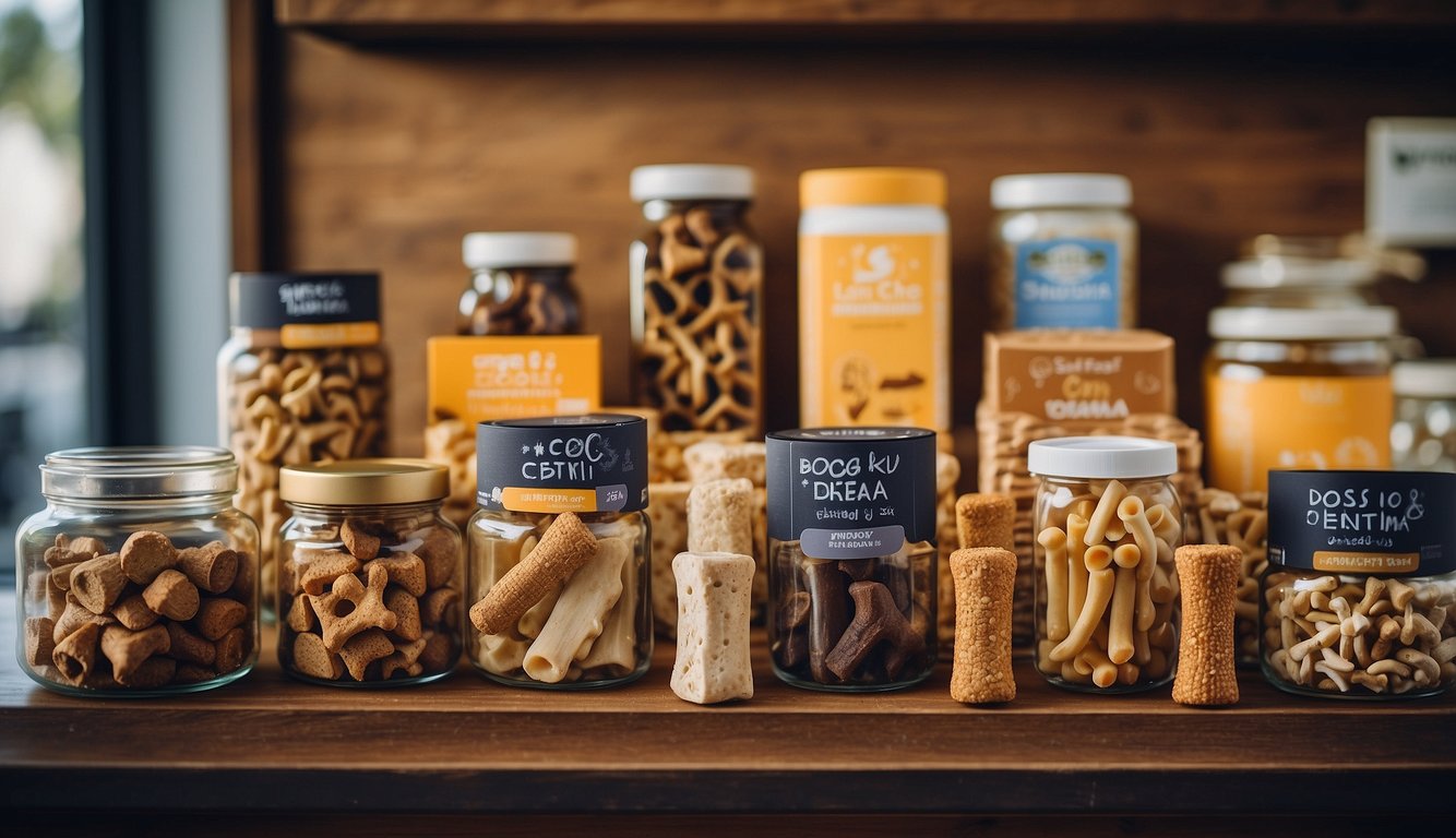 A variety of dog chews displayed on a shelf, including bones, sticks, and dental treats. Bright packaging and enticing flavors