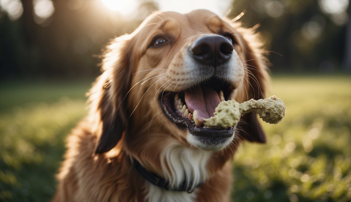 A happy dog chewing on a recommended dog chew with a content expression on its face