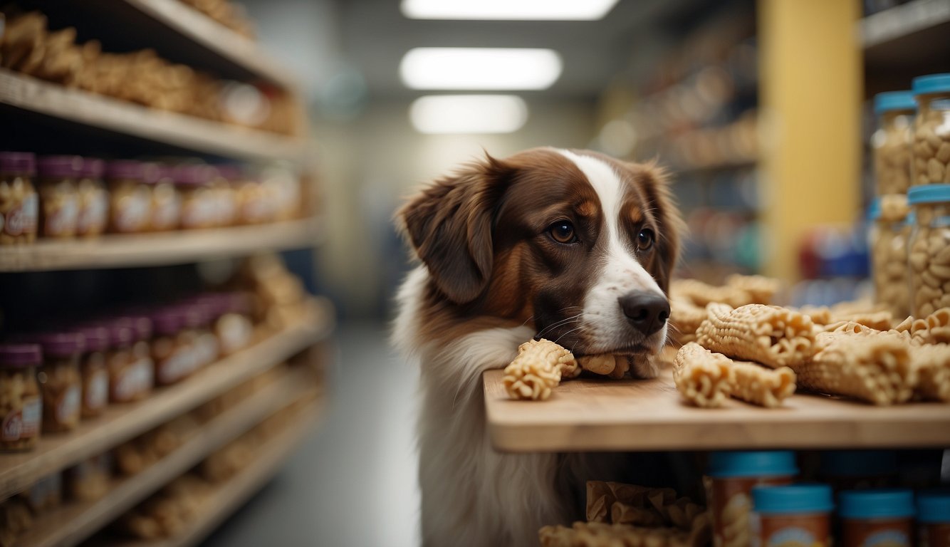 A dog sniffs and selects from a variety of recommended dog chews displayed on a shelf