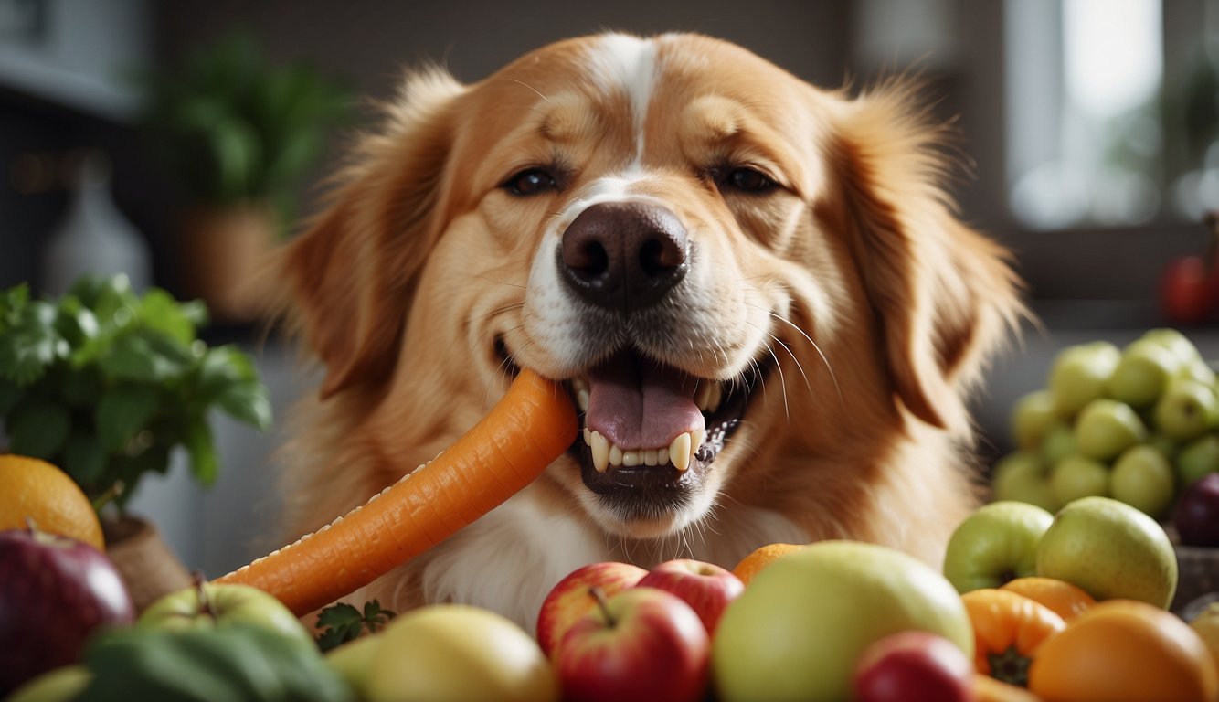 A happy dog chewing on a bone with a shiny coat and strong teeth, surrounded by healthy ingredients like fruits, vegetables, and vitamins