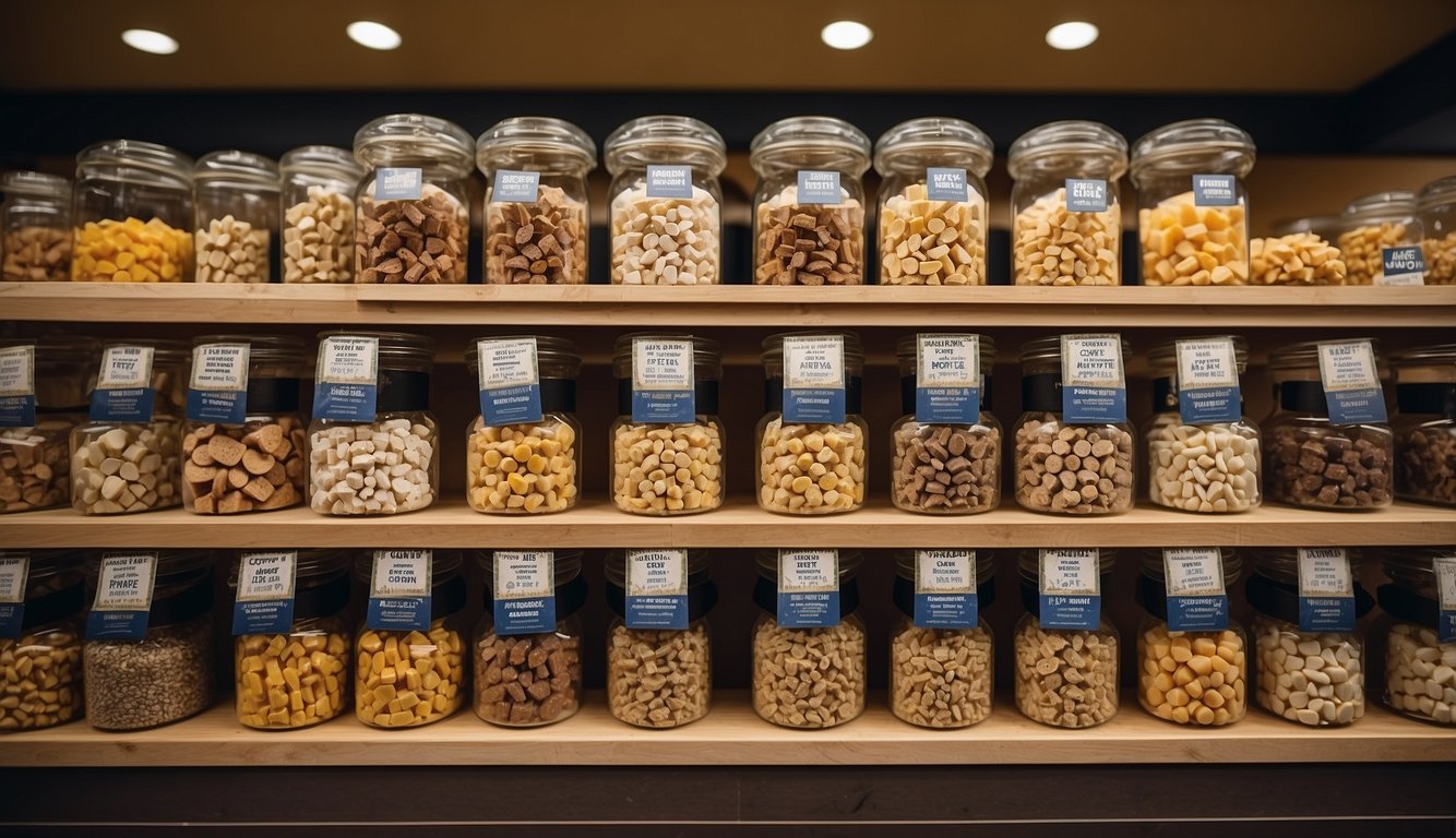 Various dog chew varieties displayed in a pet store, including bones, rawhides, and dental chews. Bright packaging and colorful logos attract attention