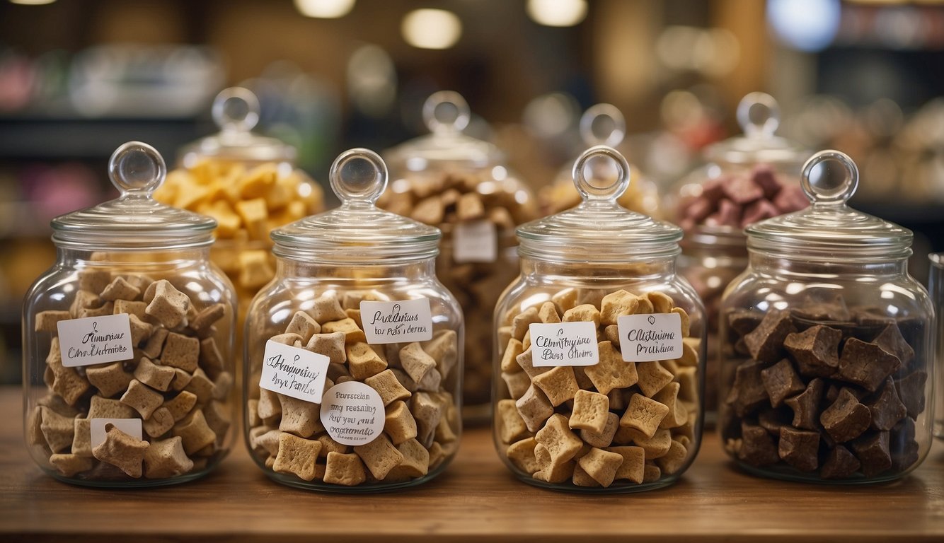 A variety of dog chews displayed with a sign reading "Frequently Asked Questions recommended dog chews" in a pet store