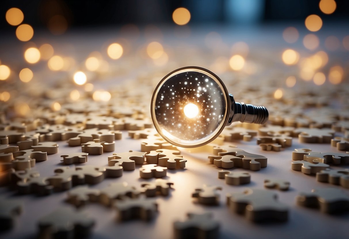 A blank canvas with a lightbulb overhead, surrounded by scattered puzzle pieces and a magnifying glass