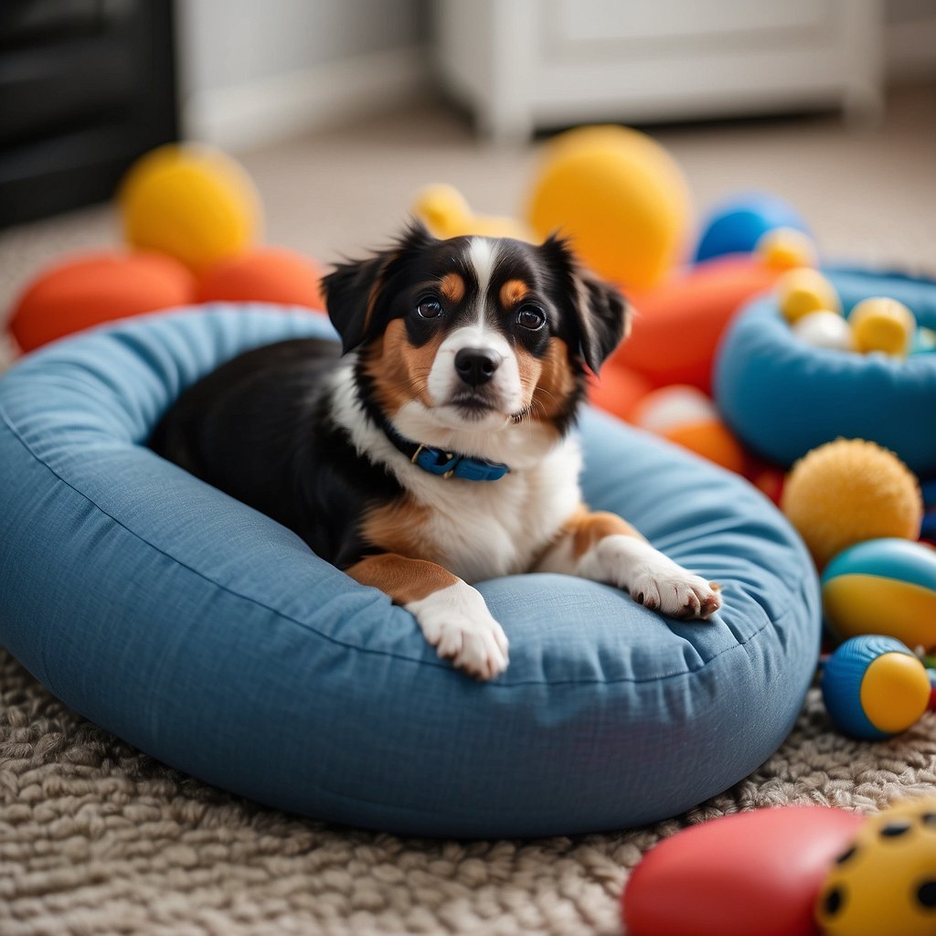 A small, contented dog lounges on a cushioned bed, surrounded by toys and a food bowl. The room is tidy and bright, with minimal clutter