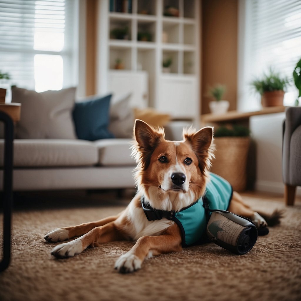 A contented dog lounges in a tidy, clutter-free living room, while a busy owner works at a desk nearby. The dog appears relaxed and well-groomed, embodying the low-maintenance qualities ideal for busy lifestyles