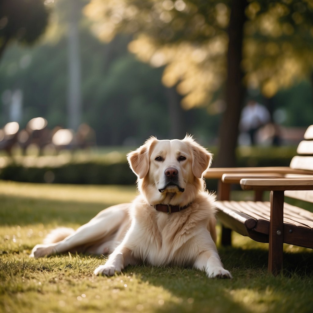 A serene park with a relaxed dog lounging at the feet of its owner. The owner appears busy, while the dog is content and low-maintenance
