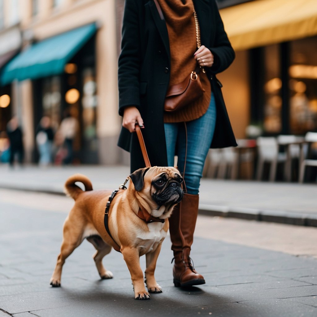 A bustling urban street with a person walking a low-maintenance dog, such as a pug or a basset hound, on a leash. The dog is calm and content, and the person looks busy but happy