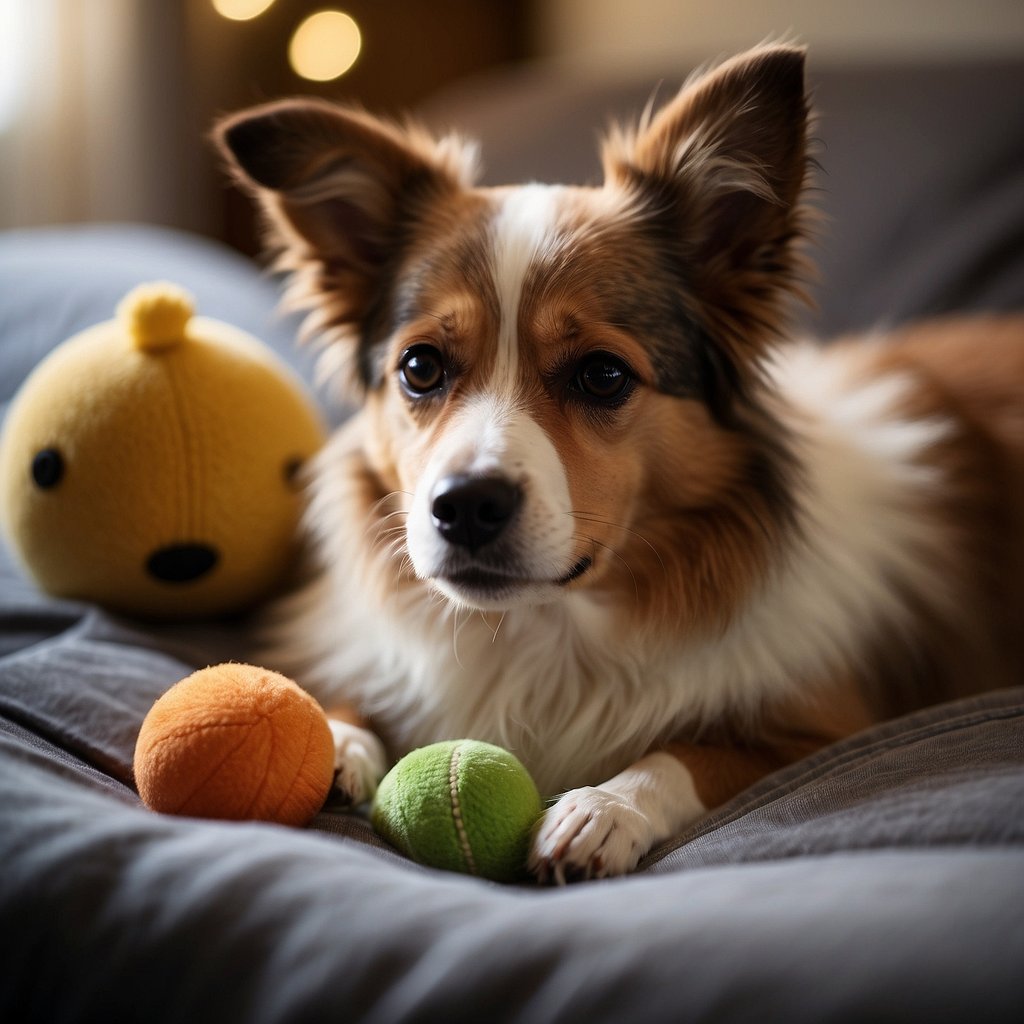 A small, lethargic dog lounges on a cozy bed, surrounded by a variety of low-maintenance dog toys and a bowl of high-quality, nutrient-rich food