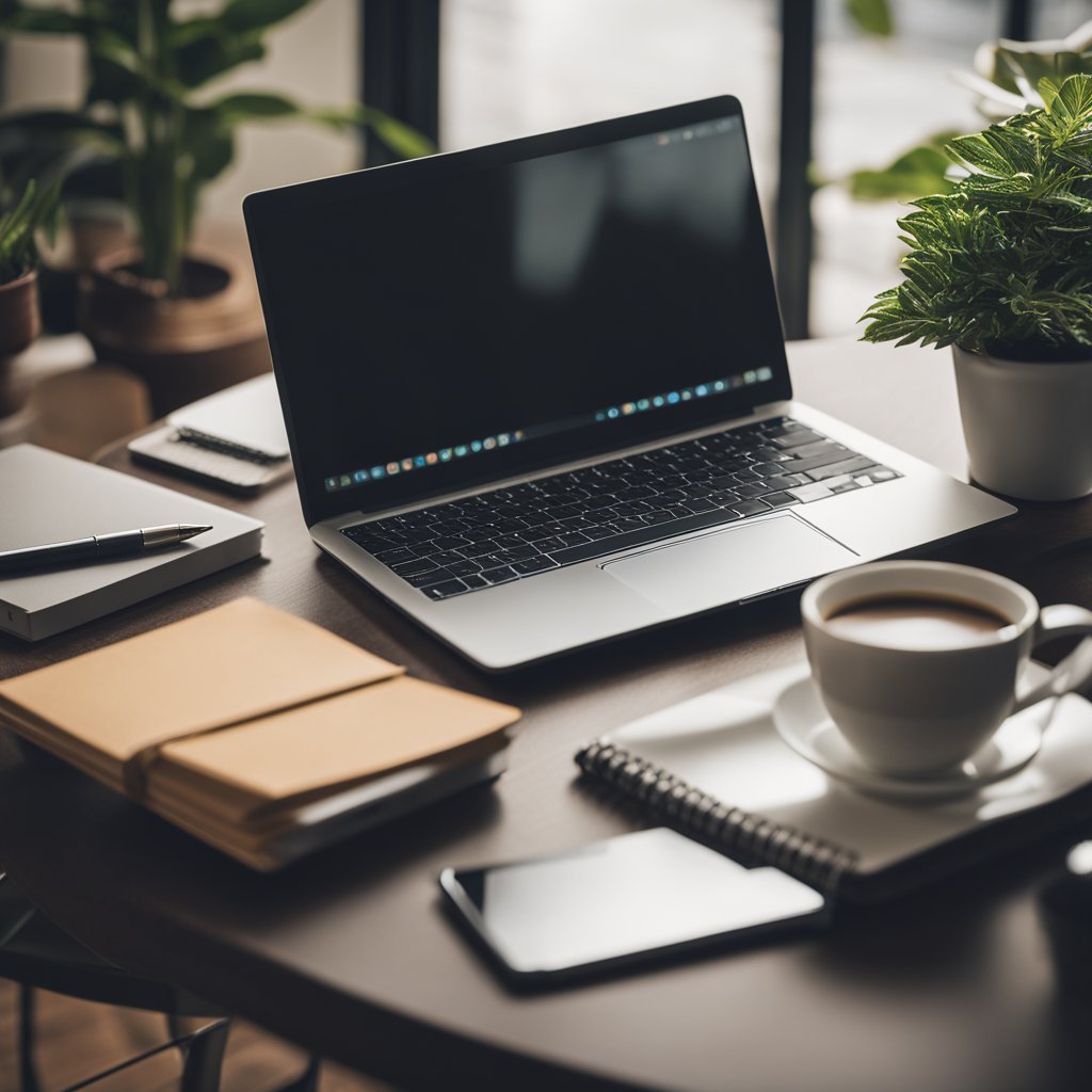 A laptop open on a desk with a notepad and pen, surrounded by a cozy home office setup with a mug of coffee and a plant in the background