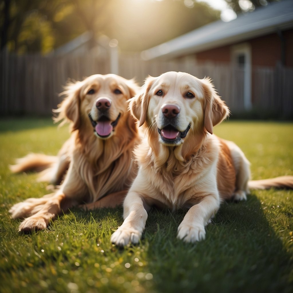 A playful Labrador retriever and a gentle golden retriever interact with happy children in a spacious backyard