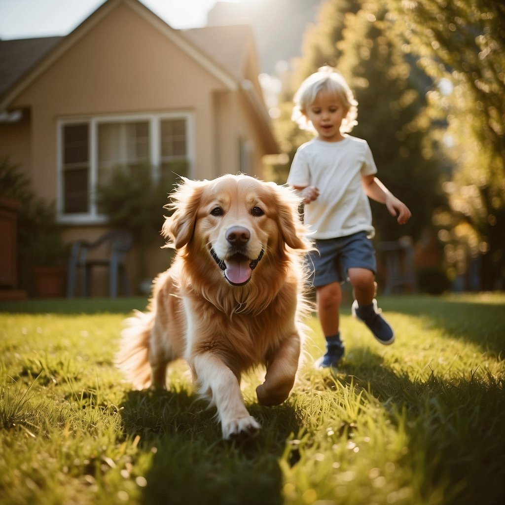 A playful golden retriever romps with children in a sunny backyard, displaying gentle and patient behavior