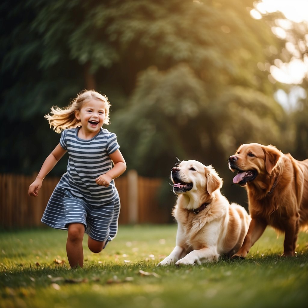Happy family playing with Golden Retriever and Labrador in a spacious backyard. Children laughing and running with the dogs. Safe and loving environment