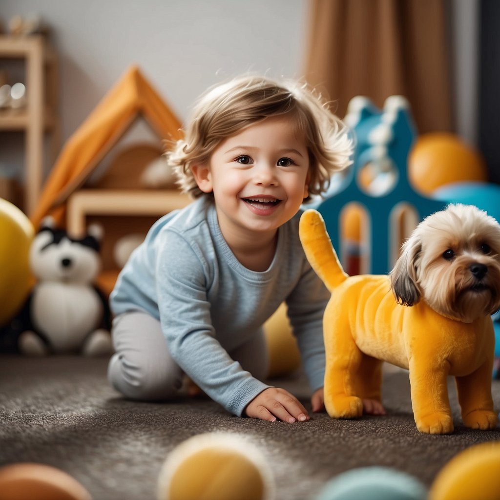 A happy, playful dog surrounded by children's toys and a child-friendly environment, showcasing the best dog breeds for homes with young children