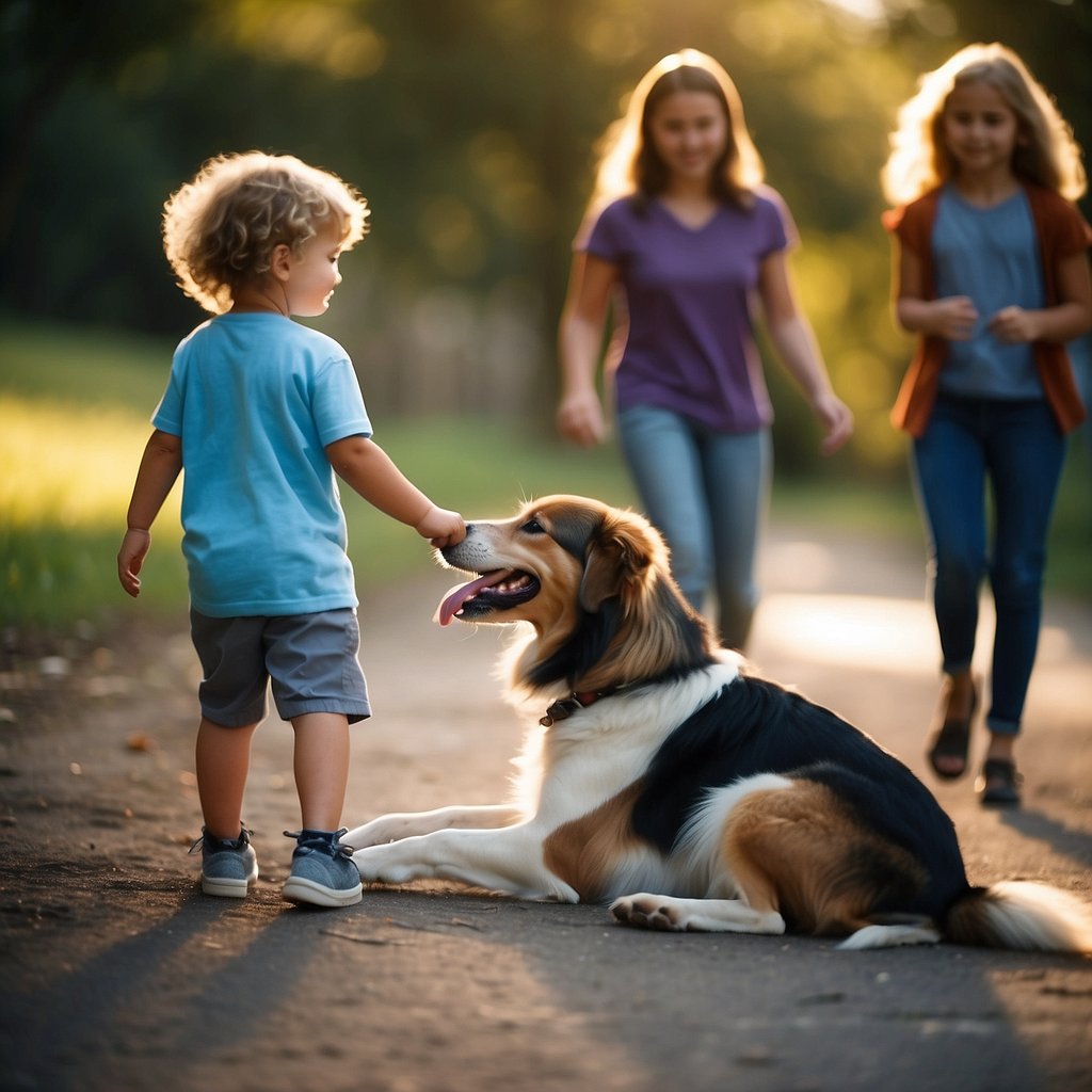 A playful and gentle dog breed interacts with young children in a safe and supervised environment, showcasing positive behavior and obedience training