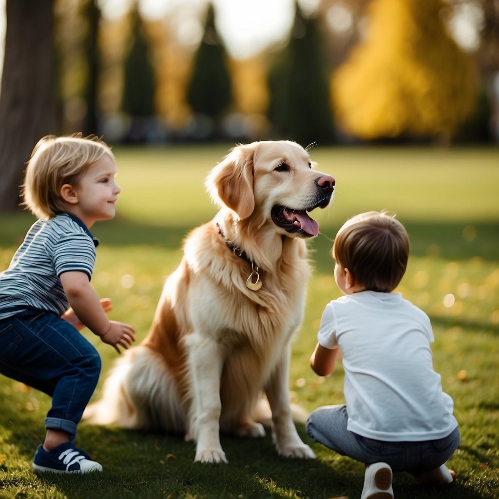 Golden retriever playing with children in a spacious backyard. Labrador sitting calmly while kids pet it. Beagle running around with a family in a park