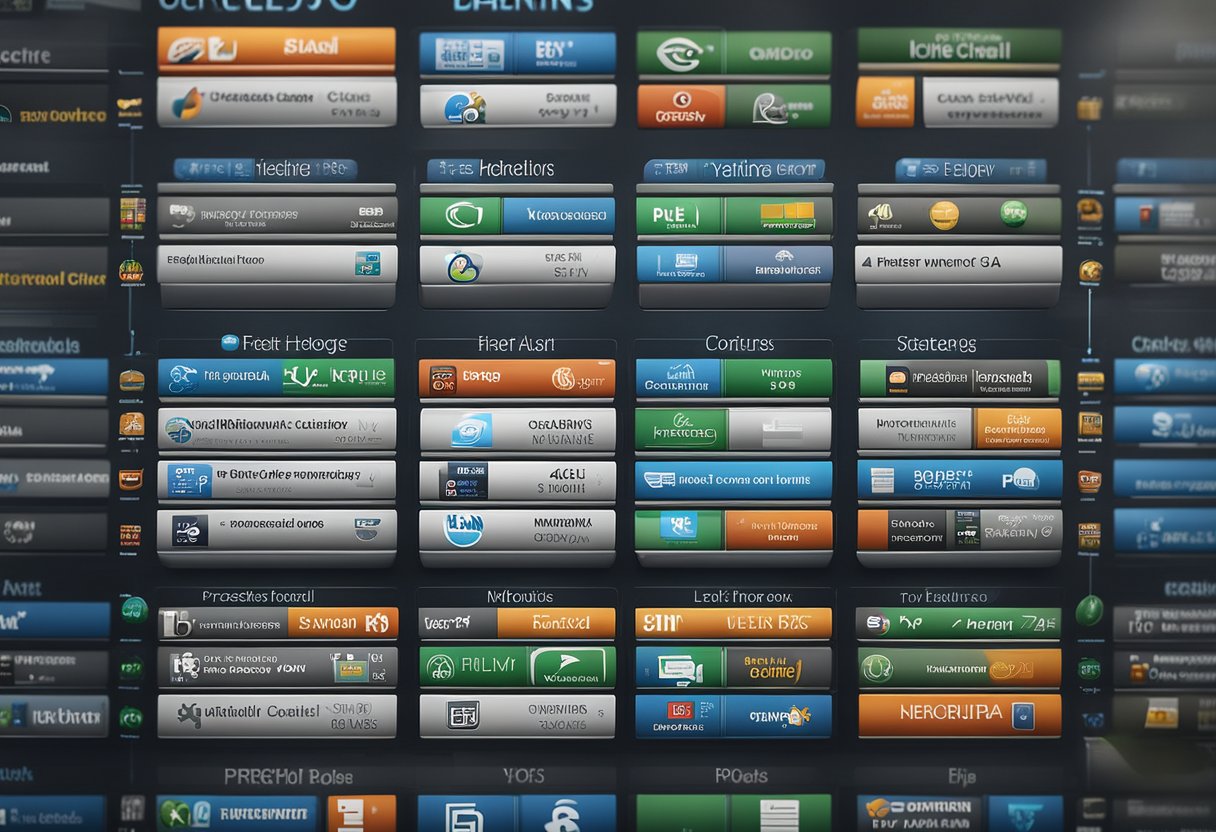 A computer screen displaying various web hosting company logos, with a checklist of features and prices next to it