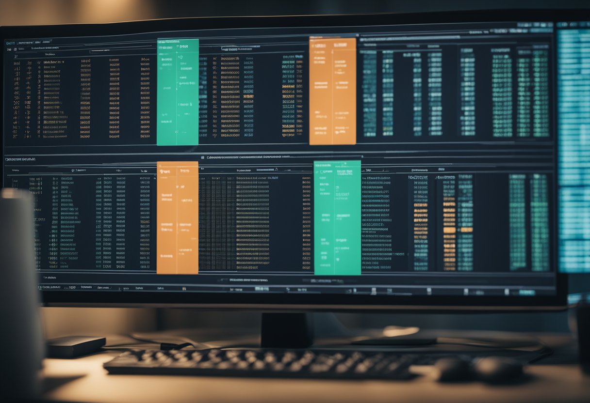 A computer screen displays a dApp interface with lines of code and a smart contract being executed, showcasing the integration of smart contracts with dApps