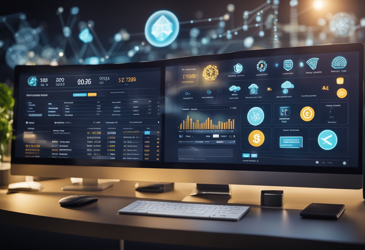 A computer screen displaying a decentralized finance platform with a recurring payment feature enabled, surrounded by various cryptocurrency symbols and transaction data