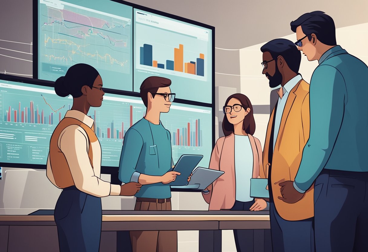 A group of people gather around a digital screen, discussing ways to safeguard crypto transactions from MEV exploitation. Charts and graphs are displayed, showing various community and governance responses to the issue