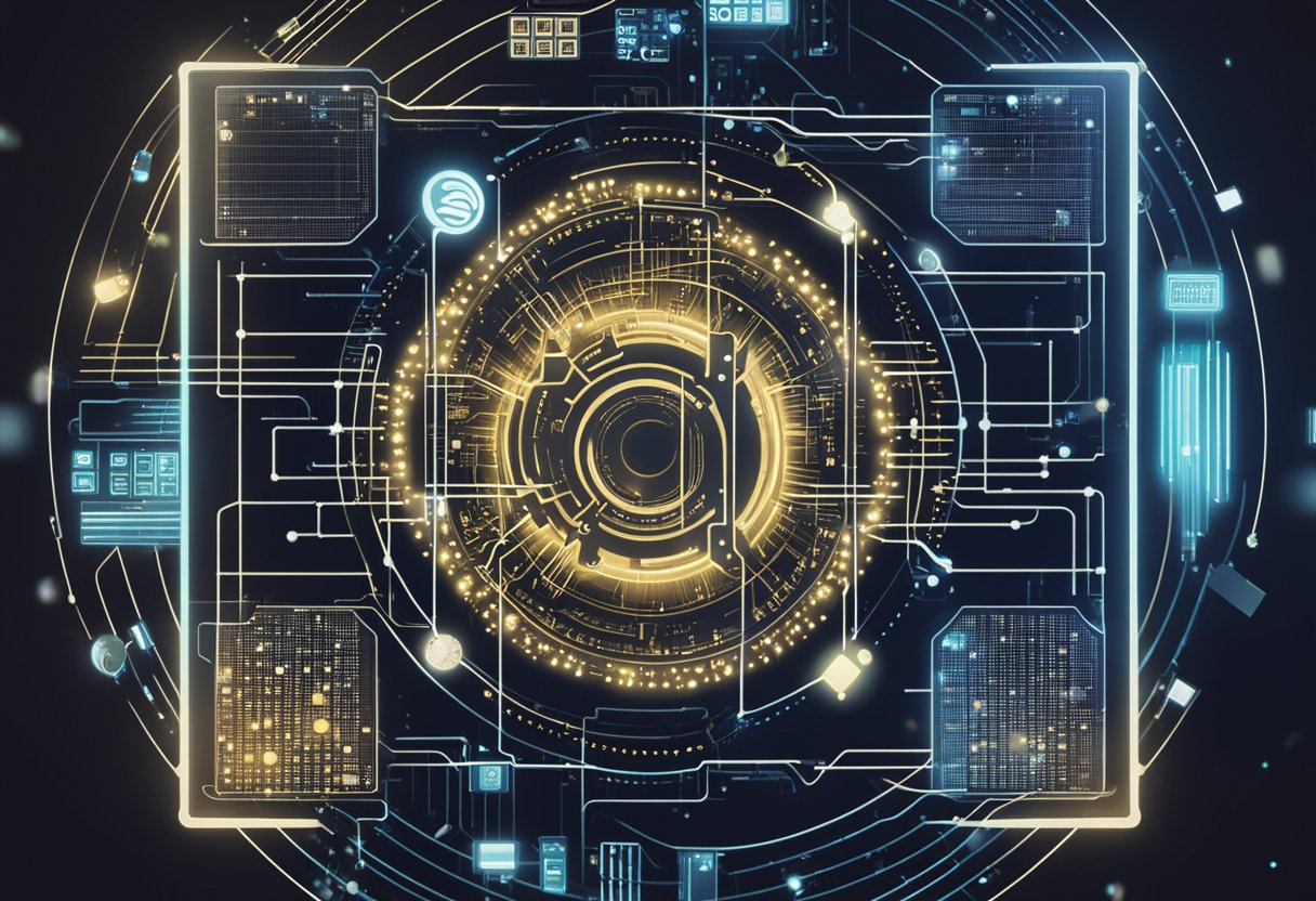 A digital wallet interacts with various DeFi protocols, while a decentralized exchange facilitates private transactions. Smart contracts automate lending and borrowing