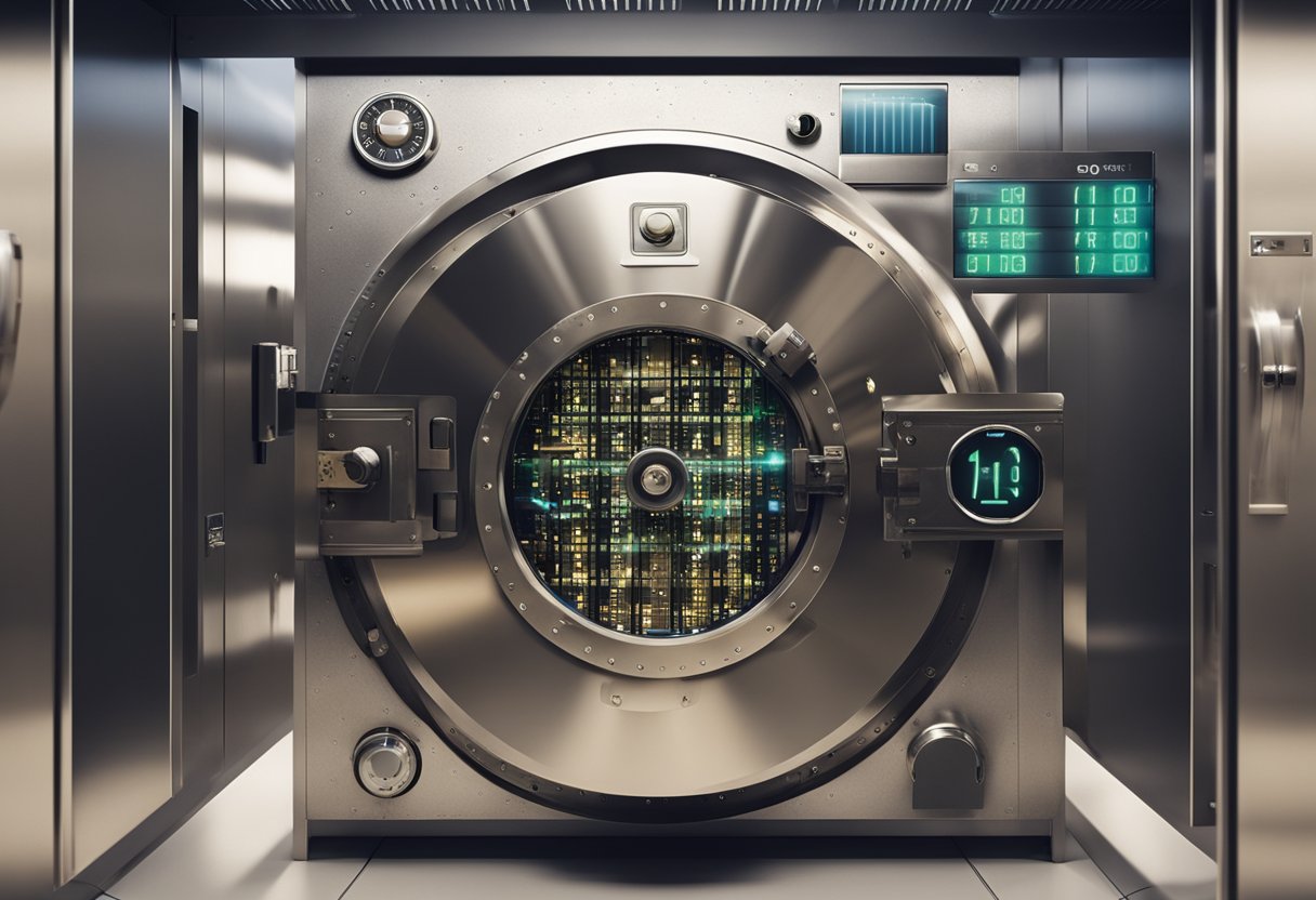 A secure vault with a digital lock and decentralized finance transactions flowing in and out