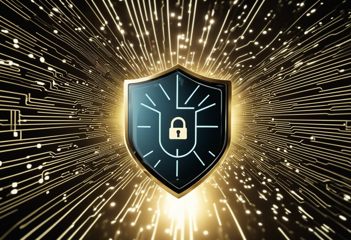 A digital lock icon glows on a computer screen, surrounded by swirling lines of code. A shield symbol hovers above, radiating protective energy