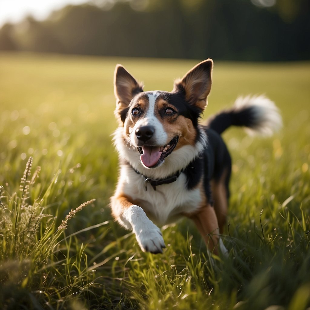 A happy, energetic dog frolicking in a sunny, green meadow, with a shiny coat and bright eyes, exuding health and vitality