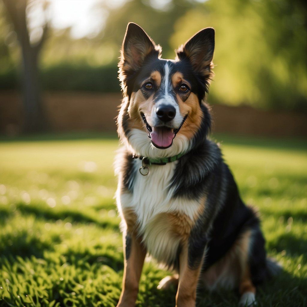 A happy, energetic dog of the featured breed playing in a sunny, green backyard, with a vibrant and healthy coat