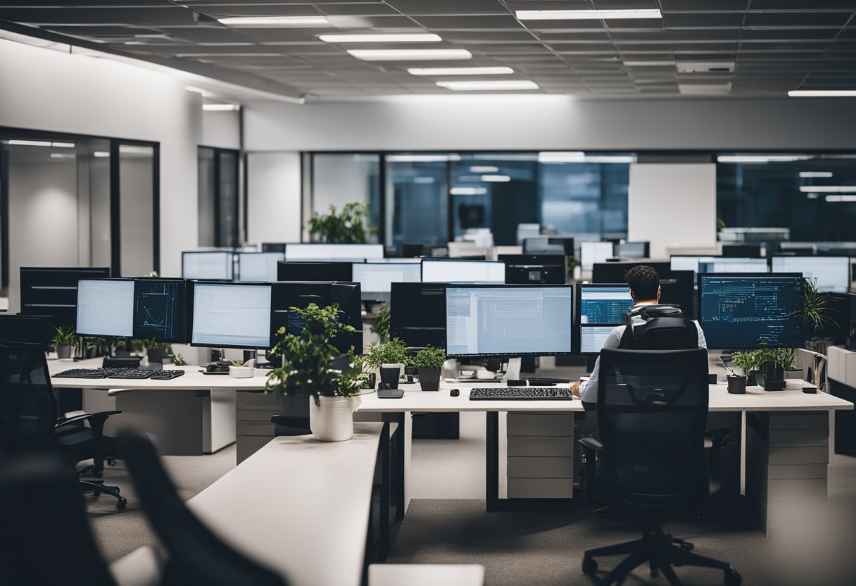 The scene depicts a modern office with computers, whiteboards, and developers collaborating on code. The atmosphere is focused and innovative, with a sense of teamwork and creativity