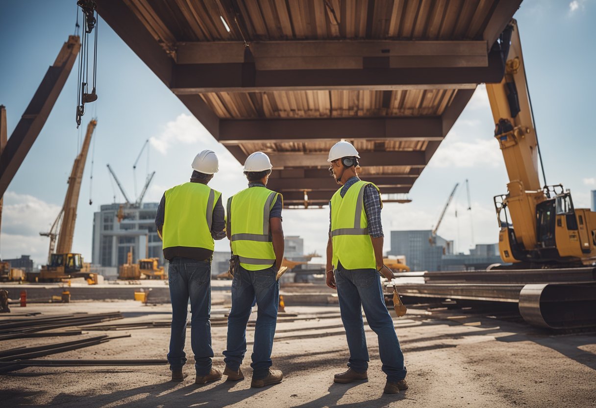 A construction crane lifts steel beams onto a concrete foundation, while workers guide and secure the materials in place