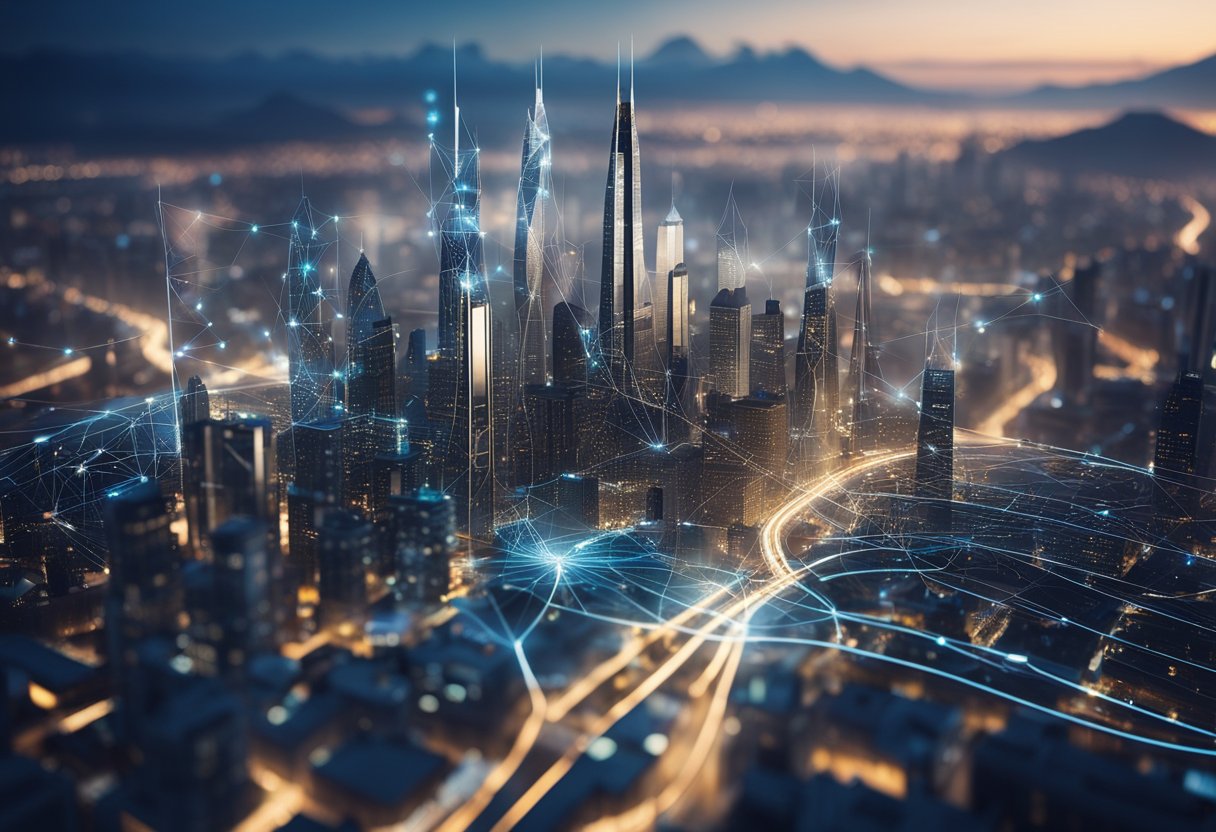 A futuristic cityscape with interconnected nodes and data streams, representing the challenges and opportunities in scaling DeFi with Eigenlayer technology