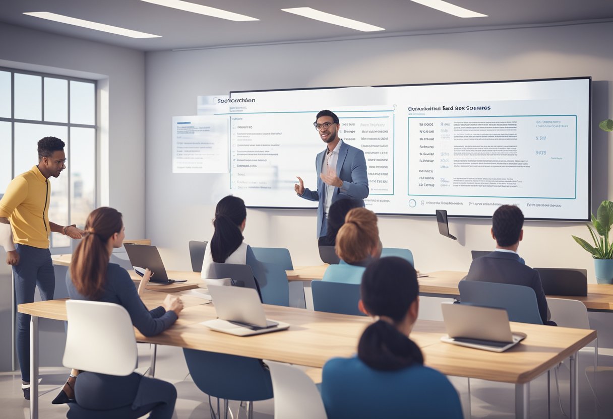 A classroom setting with a whiteboard displaying "Certification and Education Pathways BEST Blockchain training courses". Students are engaged in discussion and learning