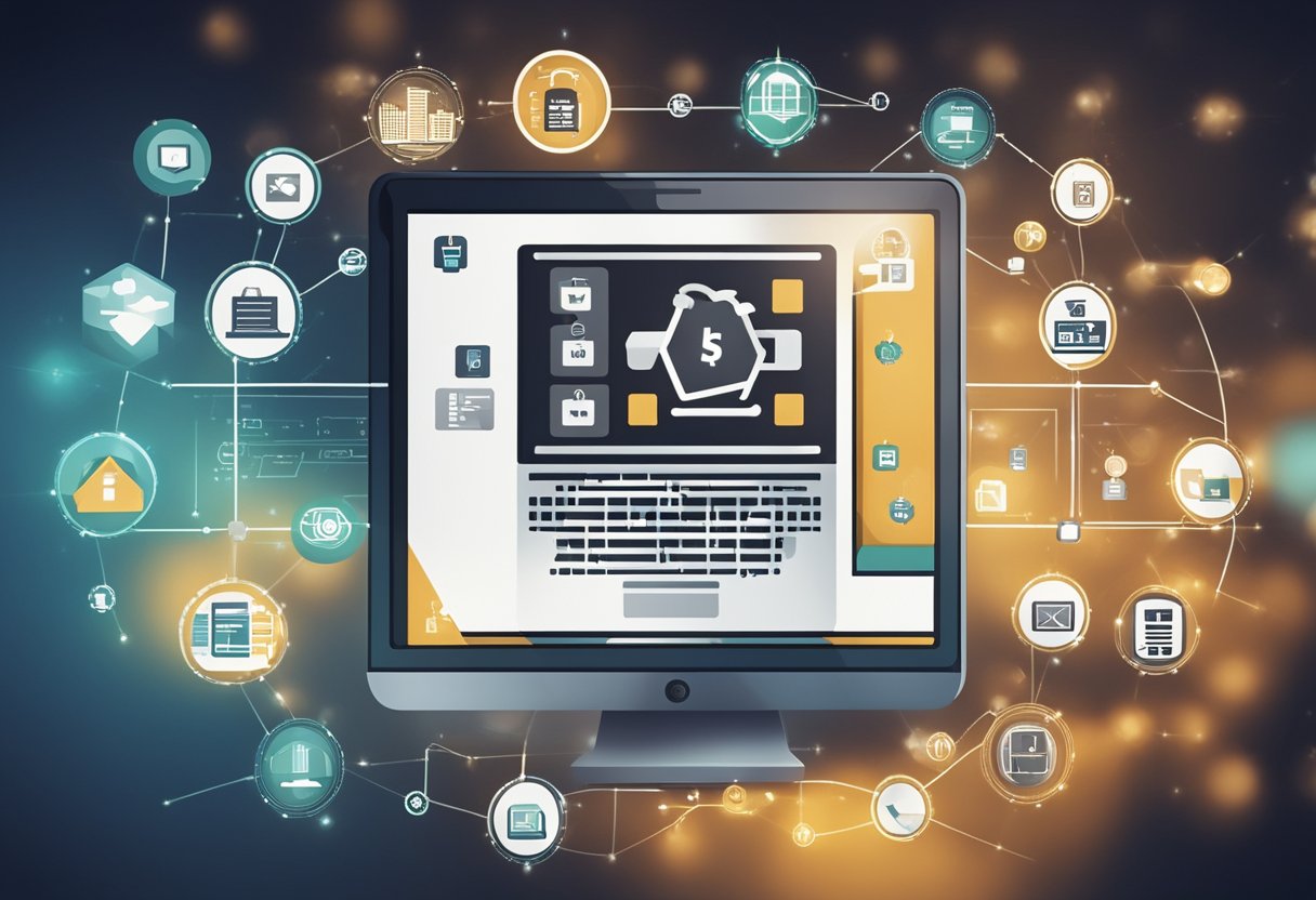 A computer screen displaying various online course options for learning blockchain technology. Icons and graphics representing the fundamentals of blockchain are visible on the screen