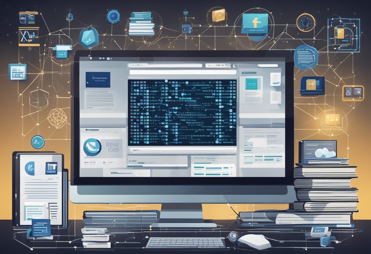 A computer screen displaying various blockchain platforms. Textbooks and notes scattered around. Online course websites open in the background