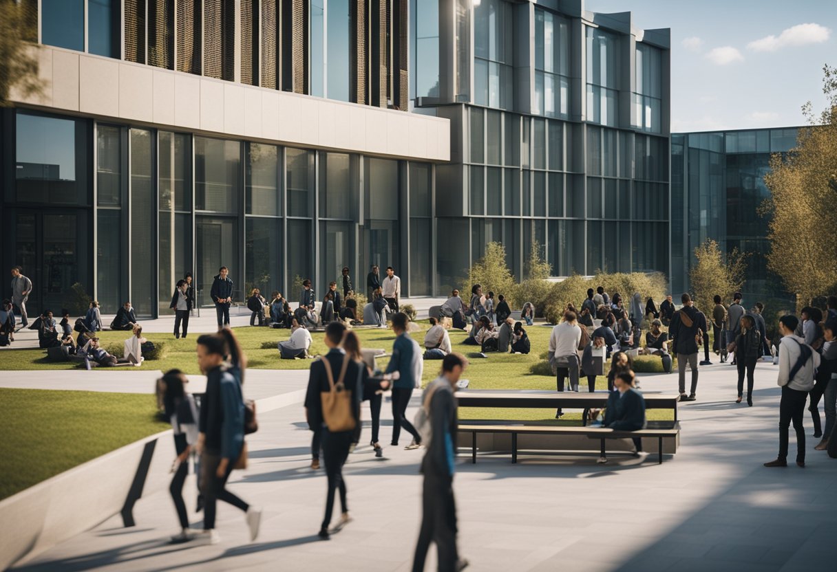 A bustling campus with modern architecture, students engaged in discussions, and professors leading lectures on blockchain technology