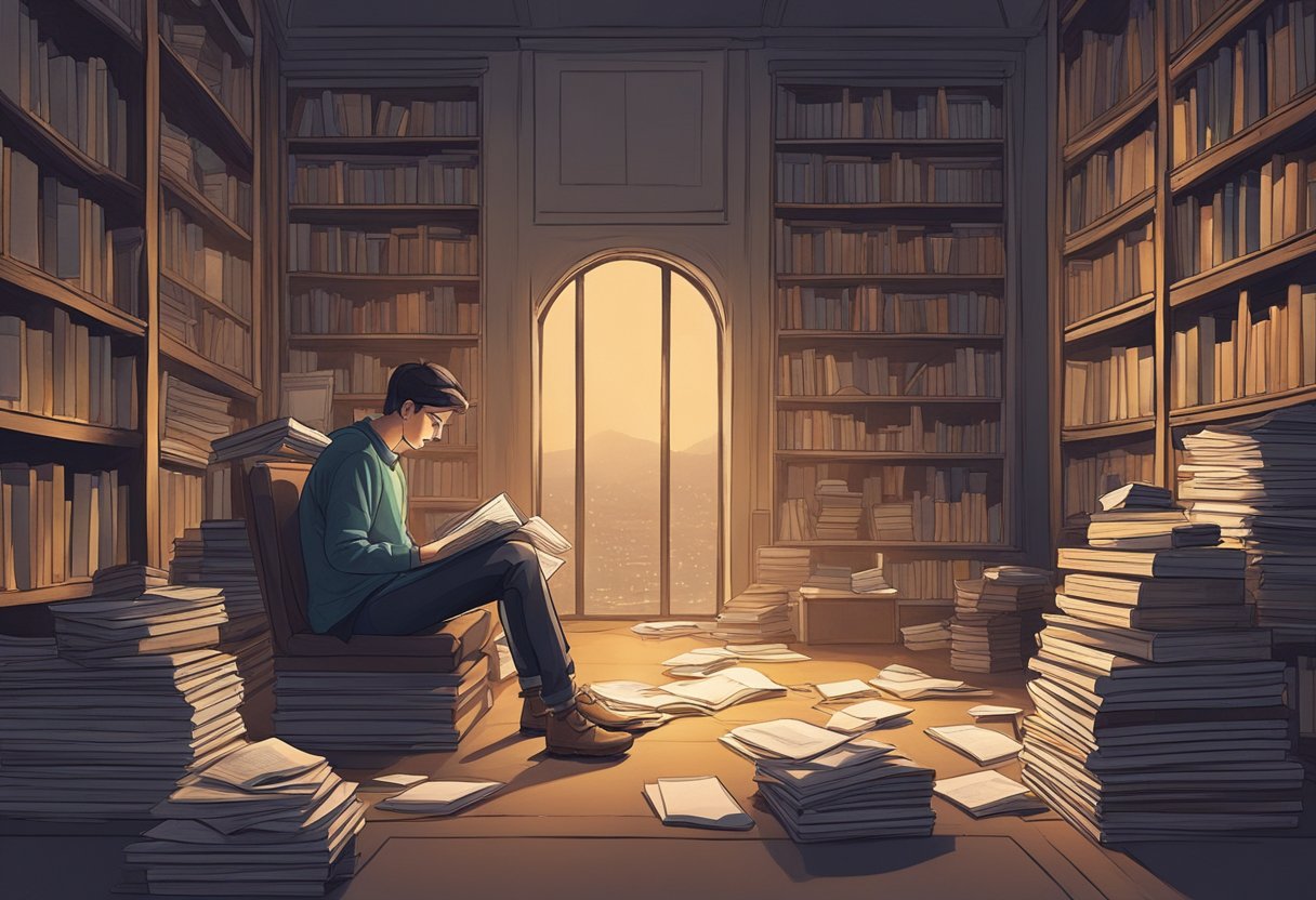 A person sitting alone in a dimly lit room, surrounded by scattered books and papers, deep in thought