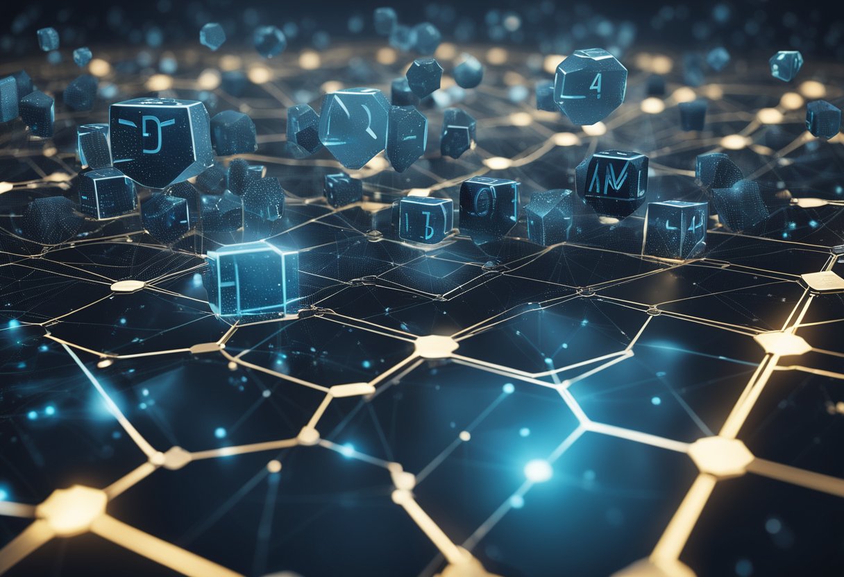 A digital landscape with interconnected blocks representing blockchain technologies, surrounded by web3 MBA options