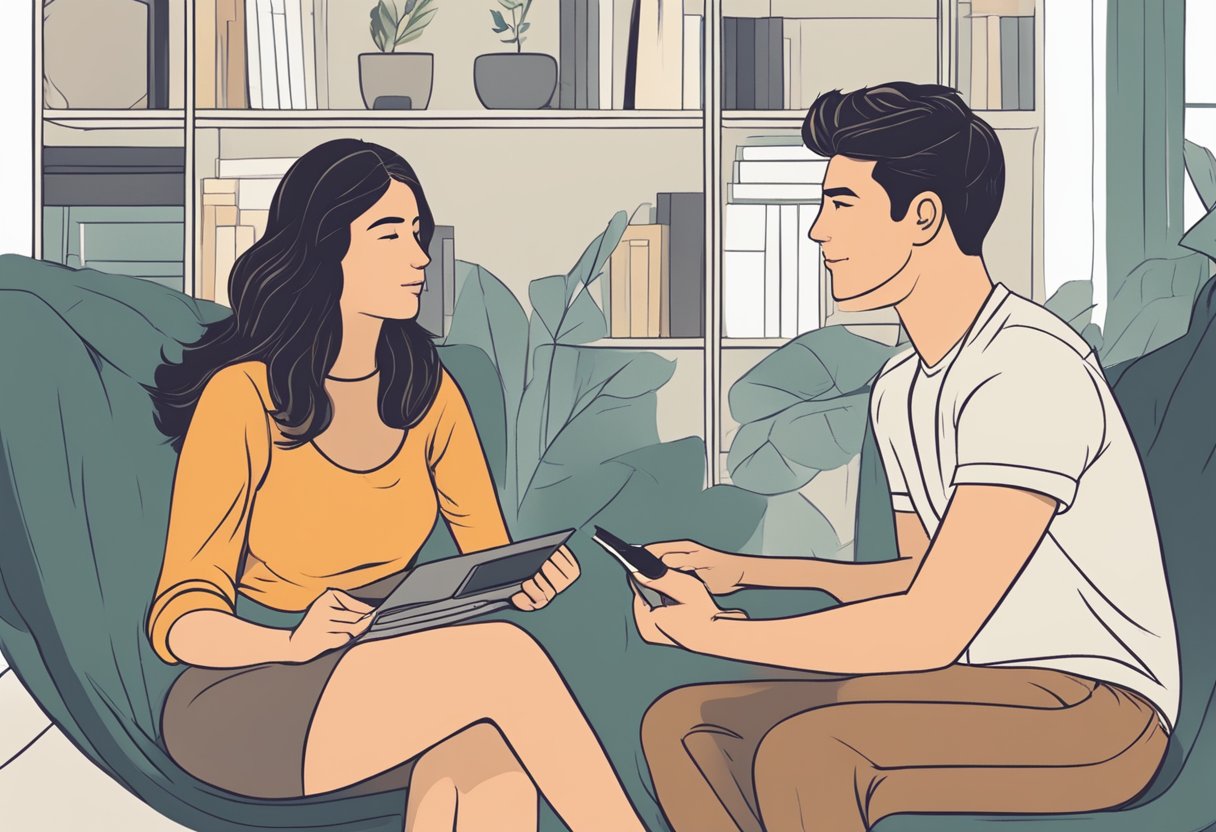 A couple sits together, discussing boundaries around porn. They communicate openly and respectfully, creating a safe and healthy environment for their relationship