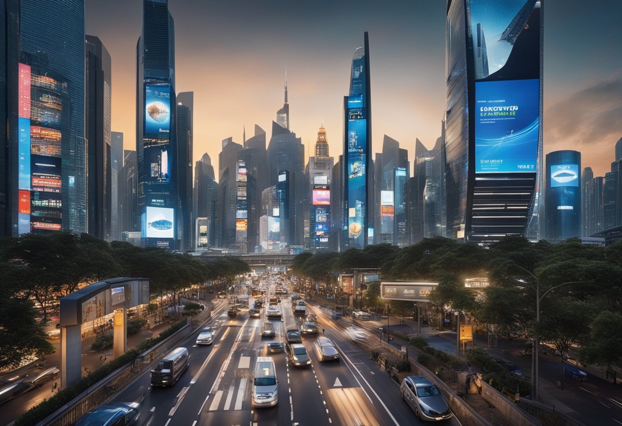 A bustling city street with futuristic skyscrapers and digital billboards, showcasing the integration of business and Web3 technology