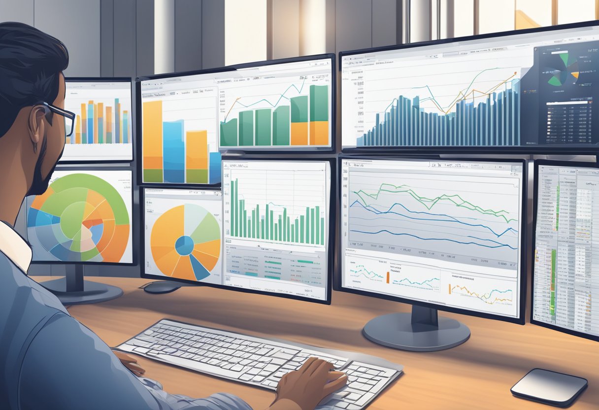 Investors accessing private equity data for due diligence. Charts, graphs, and financial reports on a computer screen