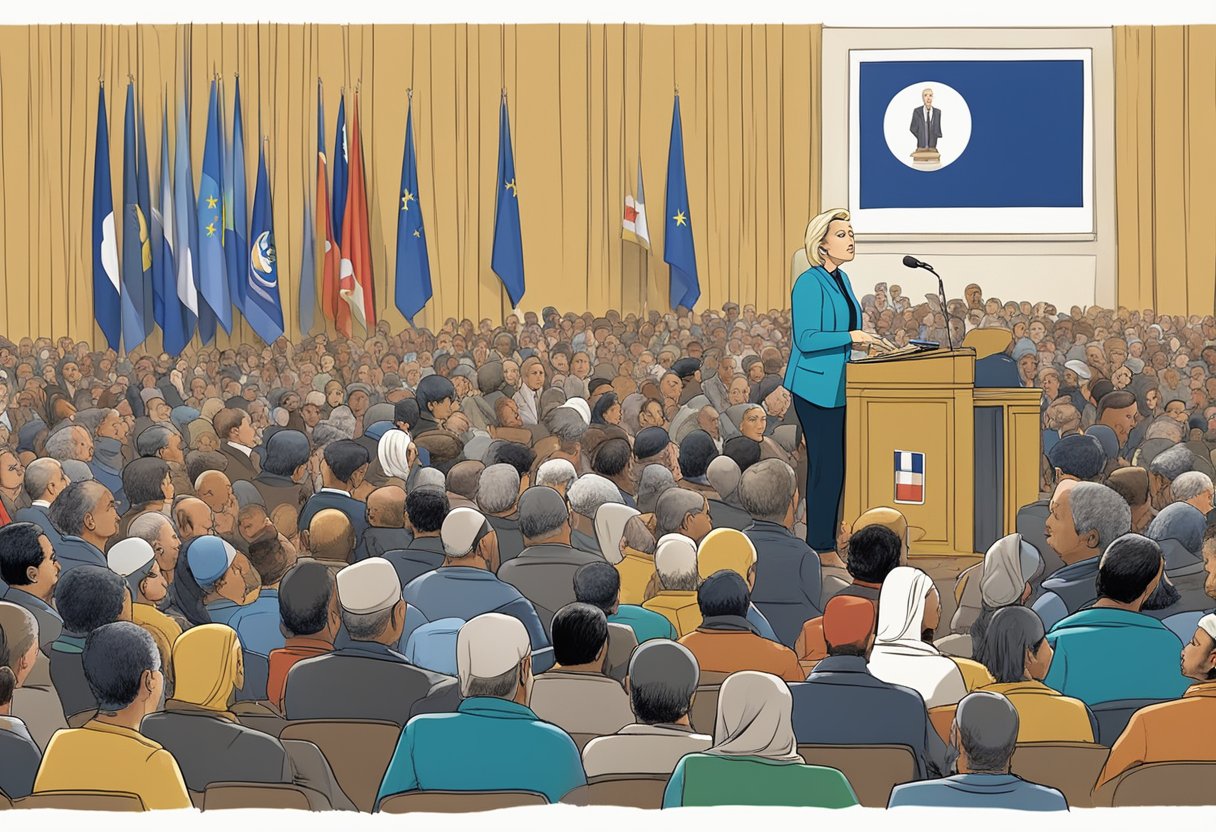 Le Pen addressing immigration and Islam, surrounded by diverse audience