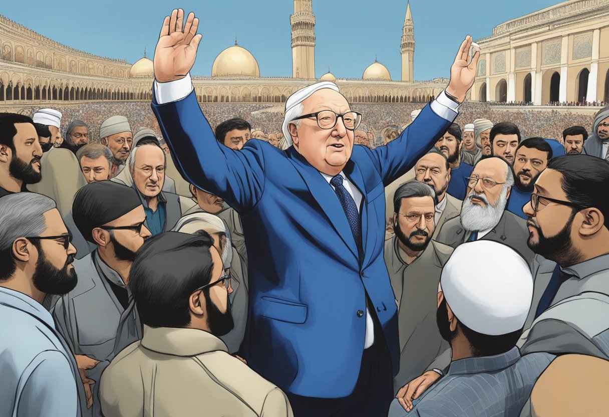 Jean-Marie Le Pen's political movement interacting with Islam, visually depicted without human subjects