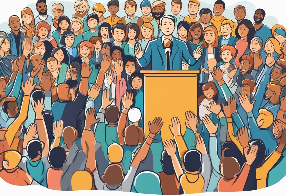 A podium with a microphone, surrounded by a crowd of diverse people, with raised hands and various expressions